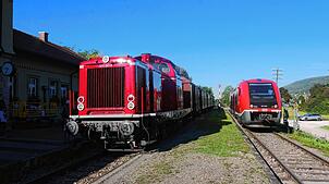 Am Bahnhof Blumberg-Zollhaus: Die Regionalbahn aus Waldshut (rechts) und der Museumszug der Wutachtalbahn (links) begegnen sich.