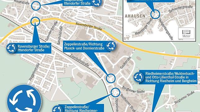 Die Übersicht zeigt die Lage der Kreisverkehre in Markdorf und Bermatingen.