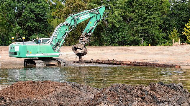 Ein Bagger setzt einen Baum, der im Zuge der Arbeiten am Donauursprung ausgerissen werden musste, im Gewässer wieder ein &ndash; nur ein ...