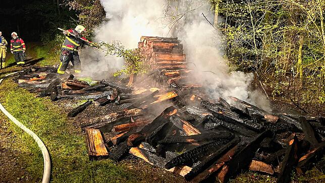 Die Feuerwehr löscht einen brennenden Holzstapel im Wald in Döttingen (Kanton Aargau).