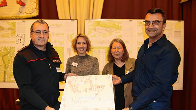 Feuerwehrkommandant Uwe Hartmann (links) präsentiert mit Bernd Zimmermann, Abteilungskommandant Kernstadt (rechts), das Modell des ...