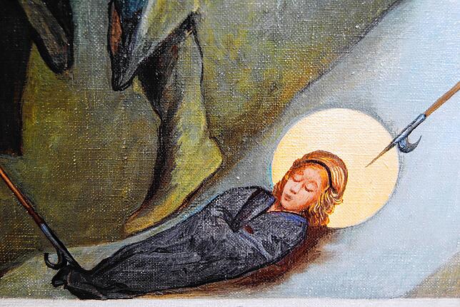Regiswindis, wie sie gerade unversehrt aus dem Neckar gefischt wird: Das Bild ist in der Lauffener Regiswindiskirche zu sehen.