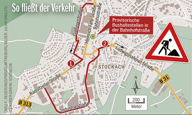 Die Umleitungen rund um die Baustelle. Die Grafik zeigt auch, wo während des nächsten Bauabschnitts die Linienbusse abfahren – ...