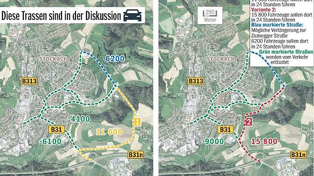 So könnte eine Umfahrung im Osten Stockachs verlaufen. Diese beiden möglichen Varianten hat Verkehrsplaner Reiner Neumann vom Ulmer Büro ...