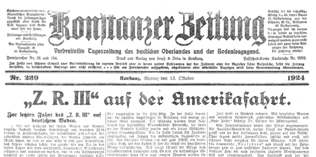 Titelseite der "Konstanzer Zeitung" vom Montag, 13. Oktober 1924. Dann heißt es: "Zur letzten Fahrt von Z.R. III auf deutschen Boden." ...