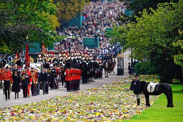 Emma, das Lieblingspferd der Queen, steht bei der feierlichen Prozession mit dem Sarg von Königin Elizabeth II. auf dem Gelände von ...