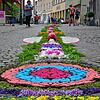 Der von den Trachten gelegte Blumenteppich in der Marktstraße erregt Aufmerksamkeit.