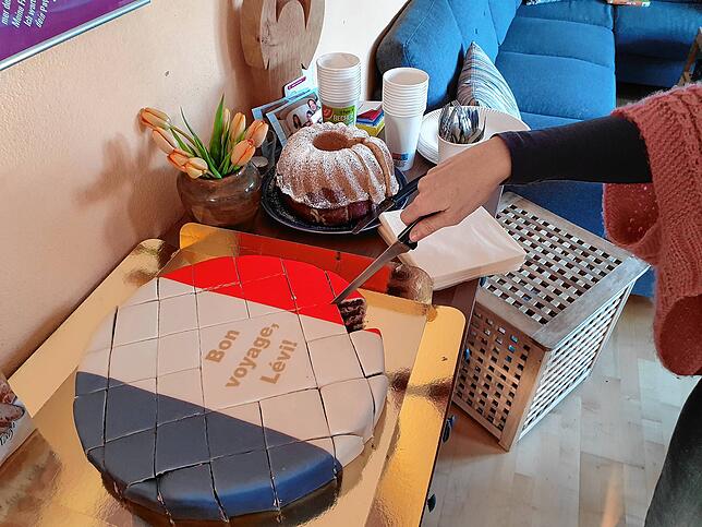 Beim Abschiedsfest gibt es eine Torte mit den französischen Nationalfarben und Wünschen für eine gute Reise.
