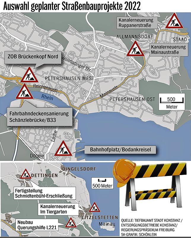 Bild 1: Straßenbaustellen in Konstanz: Wo 2022 die Bagger anrollen und mit Verkehrsbehinderungen zu rechnen ist