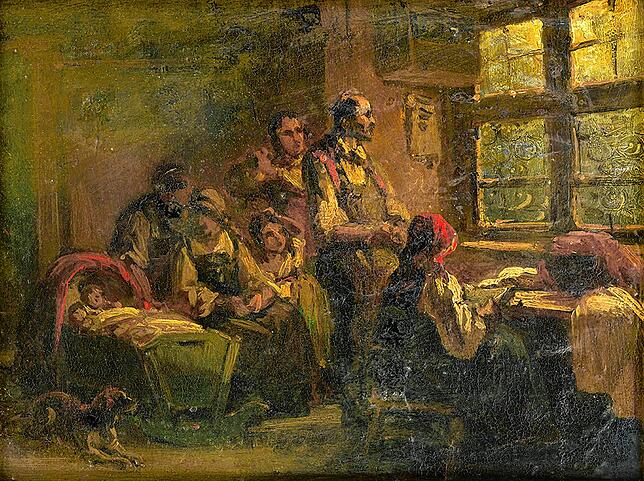 Angstvoll harrt diese Familie während eines Gewitters in der Stube aus.