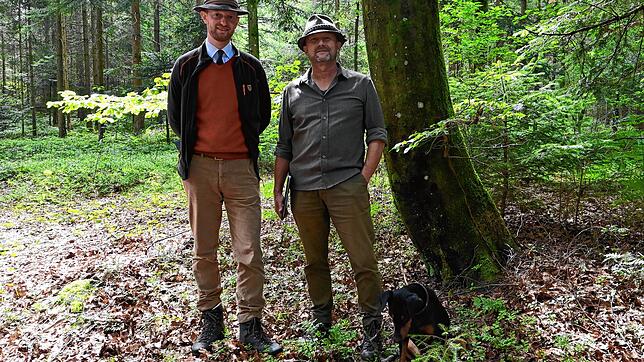 Leopold von Schönau-Wehr (links) und Förster Daniel Franz führen durch den Wald, der ab Frühjahr 2024 zum Bestattungswald wird. Eine ...