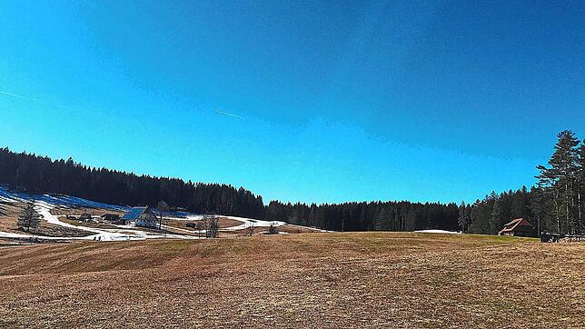 Blauer Himmel, aber nur braune Wiesen und dürftige Schneereste: Hier ist offensichtlich kein Wintersport sinnvoll möglich.