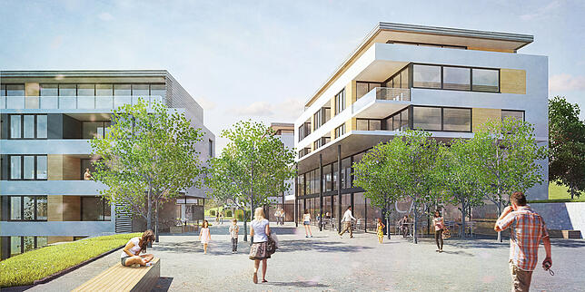 So soll das neue Quartier einmal aussehen: Im Zentrum befindet sich der autofreie Anger als Begegnungsraum, im Gebäude rechts ist im ...