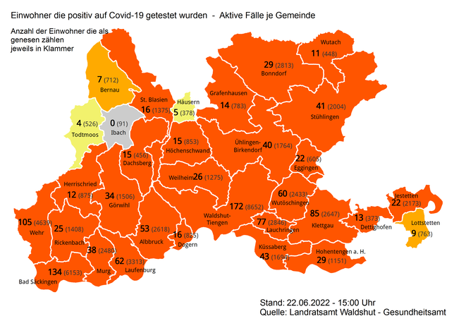 Im Landkreis Waldshut gibt es am 22. Juni, 1234 aktive Corona-Fälle. Nur Ibach gilt aktuell als coronafrei.