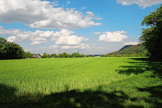Das künftige Gelände für den „Gesundheitspark Hochrhein“. Links die B 34 und das Turbinenhaus der ehemaligen Papierfabrik, ...