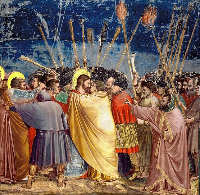 Die Lanzen wie Akupunkturnadeln, das Gewand wie eine Muschel: Giotto di Bondones „Judaskuss“ erzählt von der Infektionskraft ...