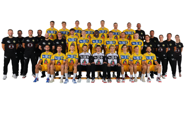 Die HSG Konstanz in der Saison 2022/23 (hintere Reihe, von links): Jo Knipp, Aron Czako, Lars Michelberger, Peter Schramm, David ...