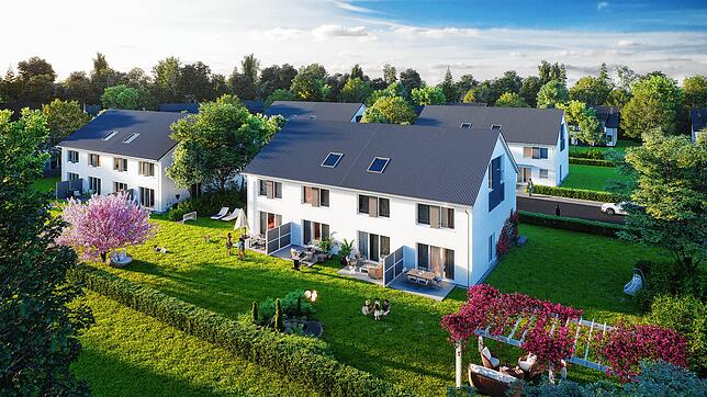 Ein Blick von hinten in den Garten der neuen Häuser in Leimbach.
