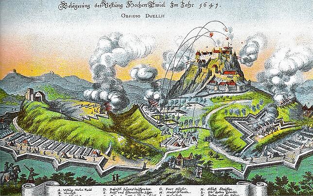 Im dreißigjährigen Krieg wurde die Burg mehrfach erfolglos belagert – wie hier in einem Stich von Merian aus dem Jahr 1641 ...