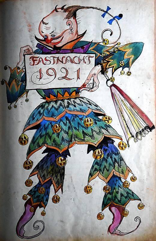 Ab 1921 führte der Bildhauer und Maler Victor Mezger junior das Narrenbuch der Überlinger Narrenzunft. &bdquo;Mit spitzer Feder und ...