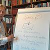 Der Markdorer Business Coach Roland M. Löscher zeigt auf einem Flipchart Schritte einer Lösungsmöglichkeit zum Verringern von Stress auf.