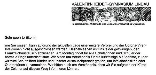 Die Eltern werden auf der Internetseite des Valentin-Heider-Gymnasiums darüber informiert, dass der Schüleraustausch abgesagt werden musste.