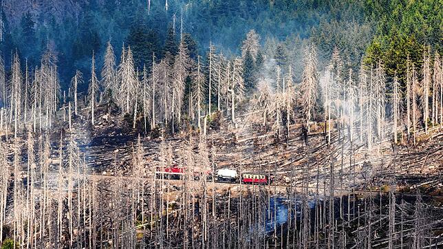 Dramatische Lage am Brocken: Eine Harzer Schmalspurbahn mit Löschtanks bekämpft den Waldbrand.