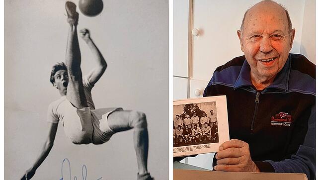 Akrobatisch am Ball: Toni Lehr, Fußballer beim FC Singen 04 in den 1950er-Jahren. Lehr spielte bis 1958 bei den Hohentwielern und war ...