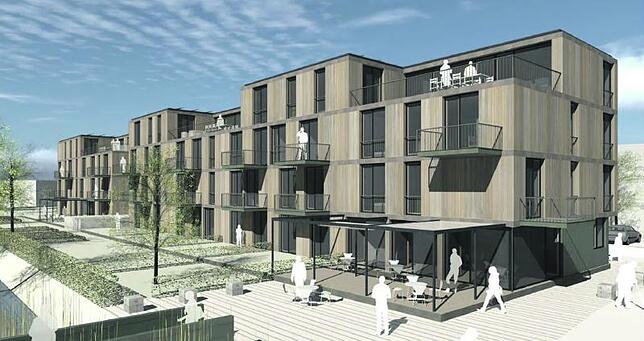 So könnte die Quartierplatzbebauung der Stadterweiterung Nord aussehen. Zentraler Punkt soll eine Bäckerei mit Außenbestuhlung sein. ...