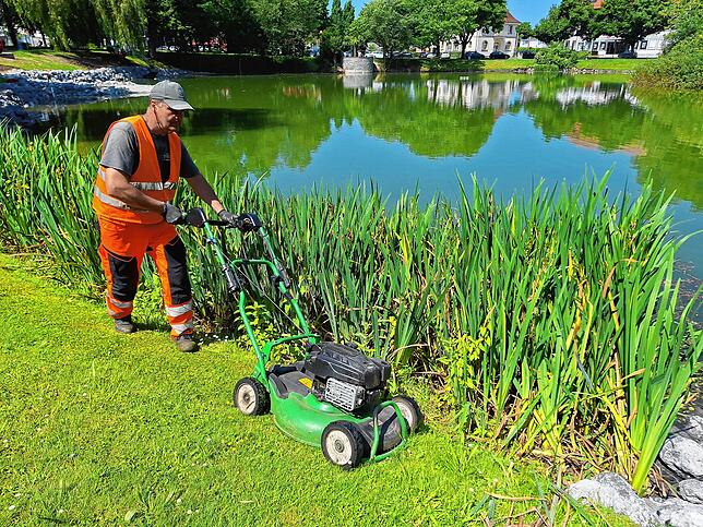 Valeri Schrainer mäht den Rasen entlang des Stadtsees. Sieht einfach aus, ist es aber nicht.