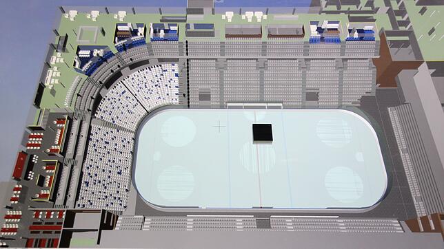 So wird die Helios-Arena im August aussehen. Der Unterrang der Gegengeraden wird zu einer Sitzplatztribüne umgebaut. Im Oberrang ...