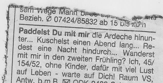 So sah die Kontaktanzeige aus, die Bärbel Rudigier 1998 in einer Zeitung geschaltet hat.