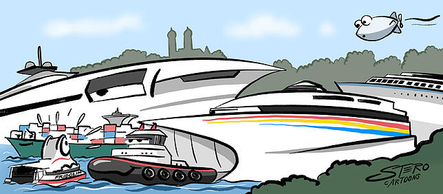 Friedrichshafen am schwäbischen Meer wird zum Nabel der maritimen Wirtschaft. Karikatur am 20. Mai 2019