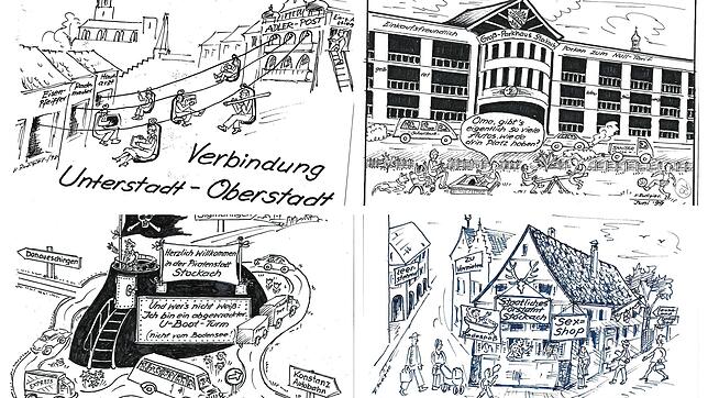SÜDKURIER-Karikaturist Karl Rudigier hat in den 90er- und frühen 2000er-Jahren das Stadtgeschehen in Stockach mit spitzer Feder ...