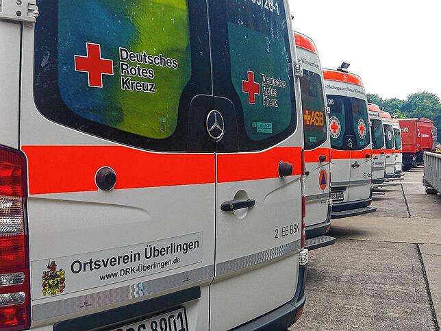 Der Rettungswagen des Überlinger DRK neben zahlreichen anderen Transportern. Insgesamt 100 Fahrzeuge wurden vom Land Baden-Württemberg ...