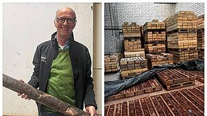 Gutachter und Geologe Peter Kordeuter zeigt einen Bohrkern. Für die Planungen der Autobahn 98 werden viele solcher Bohrkerne untersucht.