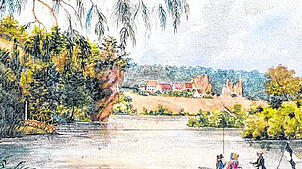 Der Fürstliche Park Inzigkofen mit Eremitage und Fährverbindung über die Donau auf einem Aquarell von Karl von Mayenfisch aus dem Jahr 1833.