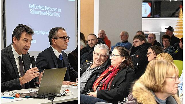 Oberbürgermeister Erik Pauly und Landrat Sven Hinterseh stehen bei einer Infoveranstaltung in den Gewerblichen Schulen Rede und Antwort ...