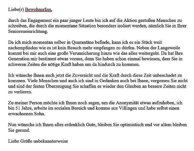 Einer von vielen Briefen, die an Pflegeheime gehen.