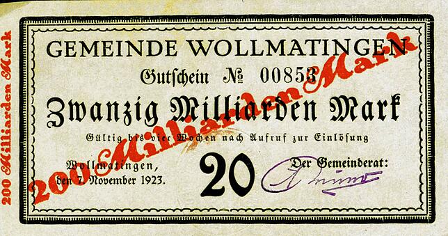 Auch Wollmatingen gab eigenes Notgeld heraus: Zwanzig-Milliarden-Schein vom 7. November 1923, der wegen der extremen Inflation schon ...