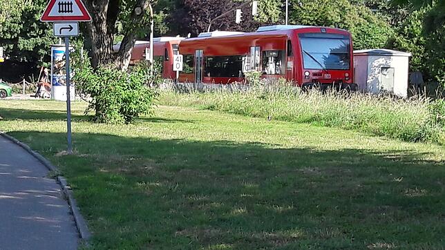 Ein Zug passiert die Bahnkreuzung im Bereich Gutenbergstraße/Ensisheimer Straße. Ein Notprogramm sorgt wegen der defekten ...