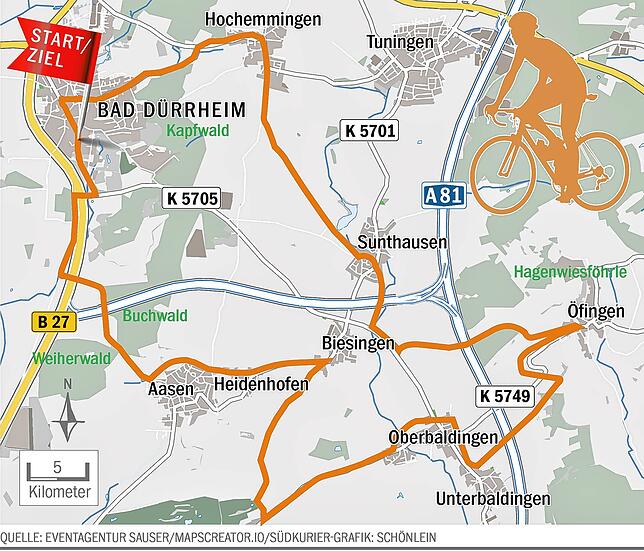 Diese Rundstrecke bei Bad Dürrheim wird von den Radsportlegenden und 500 angemeldeten Teilnehmern am Sonntag befahren. Sie kann viermal ...