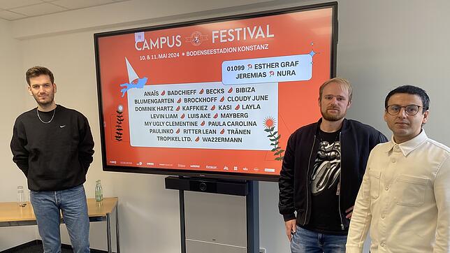 (Archivbild) Die Veranstalter vom Campus-Festival, hier im Oktober 2023, (von links) Werner Rietzschel, Maximilian Schrumpf und Xhavit ...