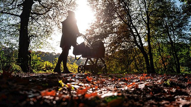 Eine Frau geht mit einem Kinderwagen im Wald bei tiefstehender Sonne spazieren. Das Karriererisiko Kinder war Thema bei der jüngsten ...
