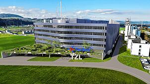 Eine Visualisierung des künftigen Technologiezentrums in Laufenburg/Schweiz, für das das Unternehmen Flexbase die Baufreigabe erhält.