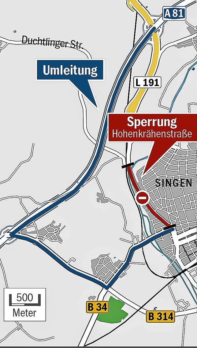 Bild 1: Umleitungen in Singen um Hohenkrähenstraße: Übersicht zur Mega-Baustelle