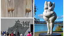 Oben links die Nachbildung der prähistorischen Kultwand, unten das Narrenschiff außen am Seeum und rechts Yolanda in Ludwigshafen.
