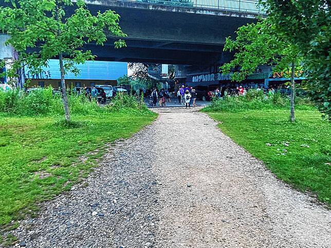 Samstagabend gegen 21.30 Uhr: Während des Regens sammelten sich rund zwei Dutzend Menschen unter der Brücke neben der Schänzlehalle und ...
