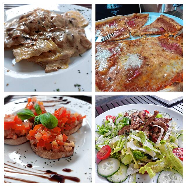 Pasta Fresca, frische Eierpaste mit Trüffel gefüllt und einer Champigong-Zwiebelsoße, die klassische Pizza, Bruschetta sowie ein ...