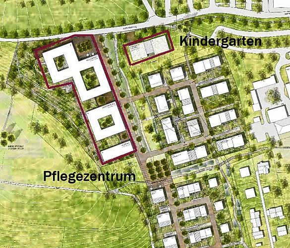 Das künftige Baugebiet „Südlich Härlen“ mit dem Areal für das neue Pflegezentrum oben links, dem geplanten Kindergarten ...